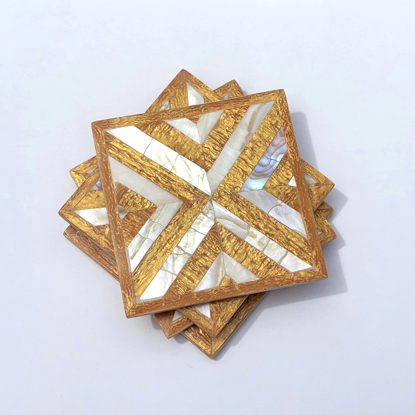 Set of four square wood coasters inlaid with mother of pearl in a geometric pattern, fair trade handmade, arabesque marquetry