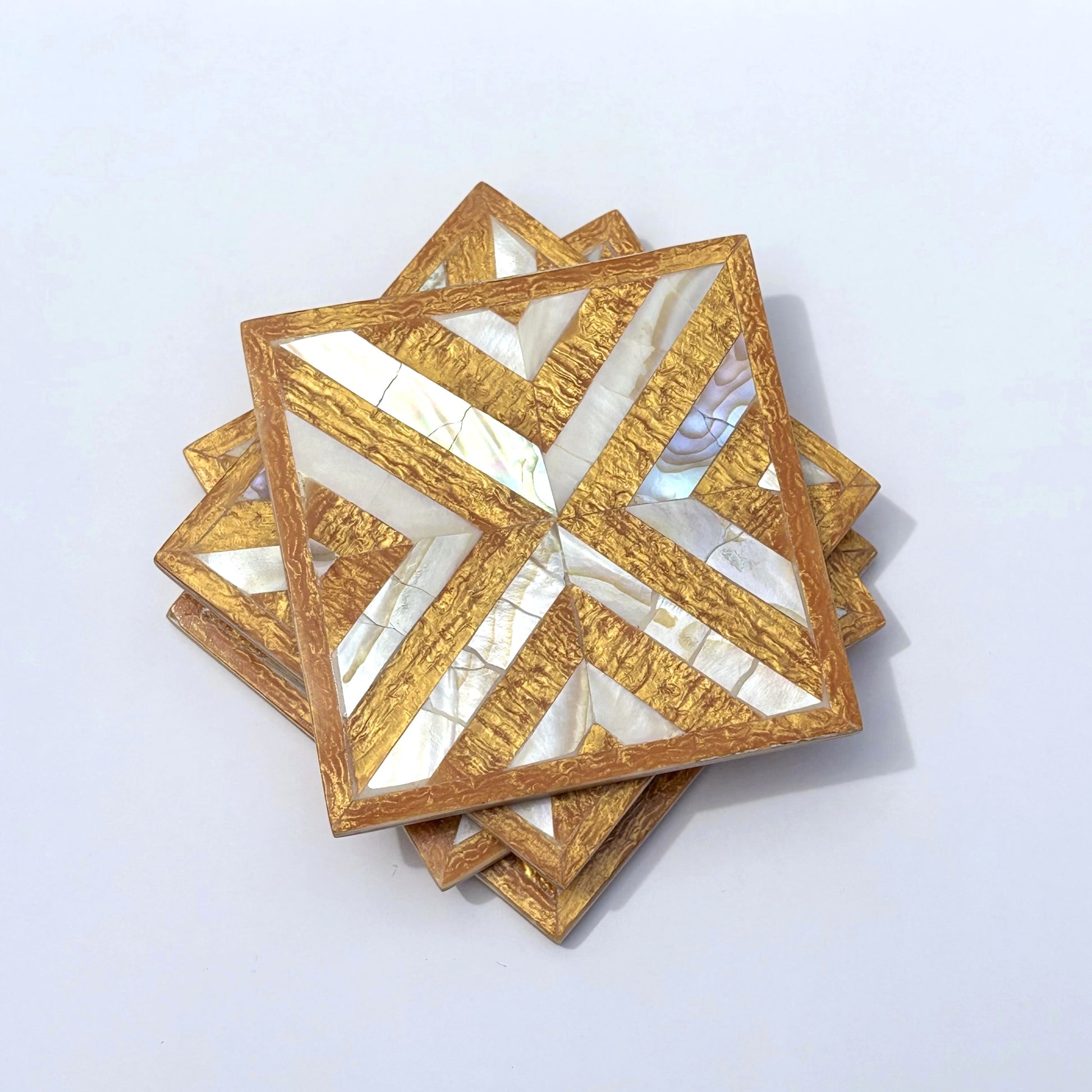 Set of four square wood coasters inlaid with mother of pearl in a geometric pattern, fair trade handmade, arabesque marquetry