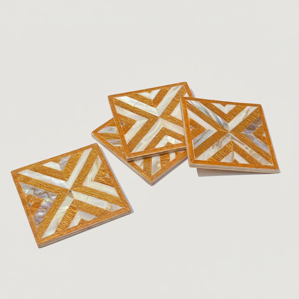 Set of four square wood coasters inlaid with mother of pearl in a geometric pattern, fair trade handmade, arabesque marquetry