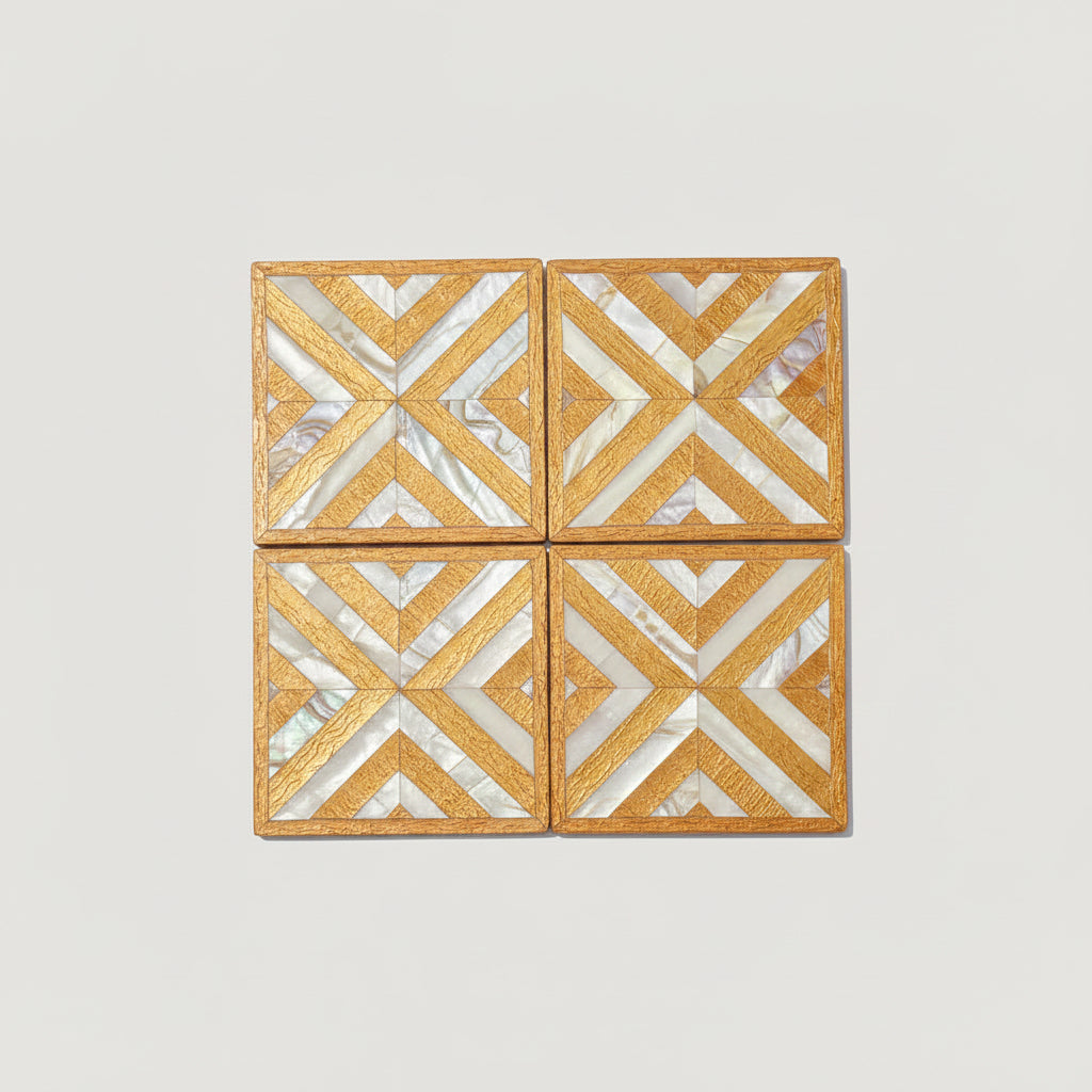 Set of four square wood coasters inlaid with mother of pearl in a geometric pattern, fair trade handmade, arabesque marquetry