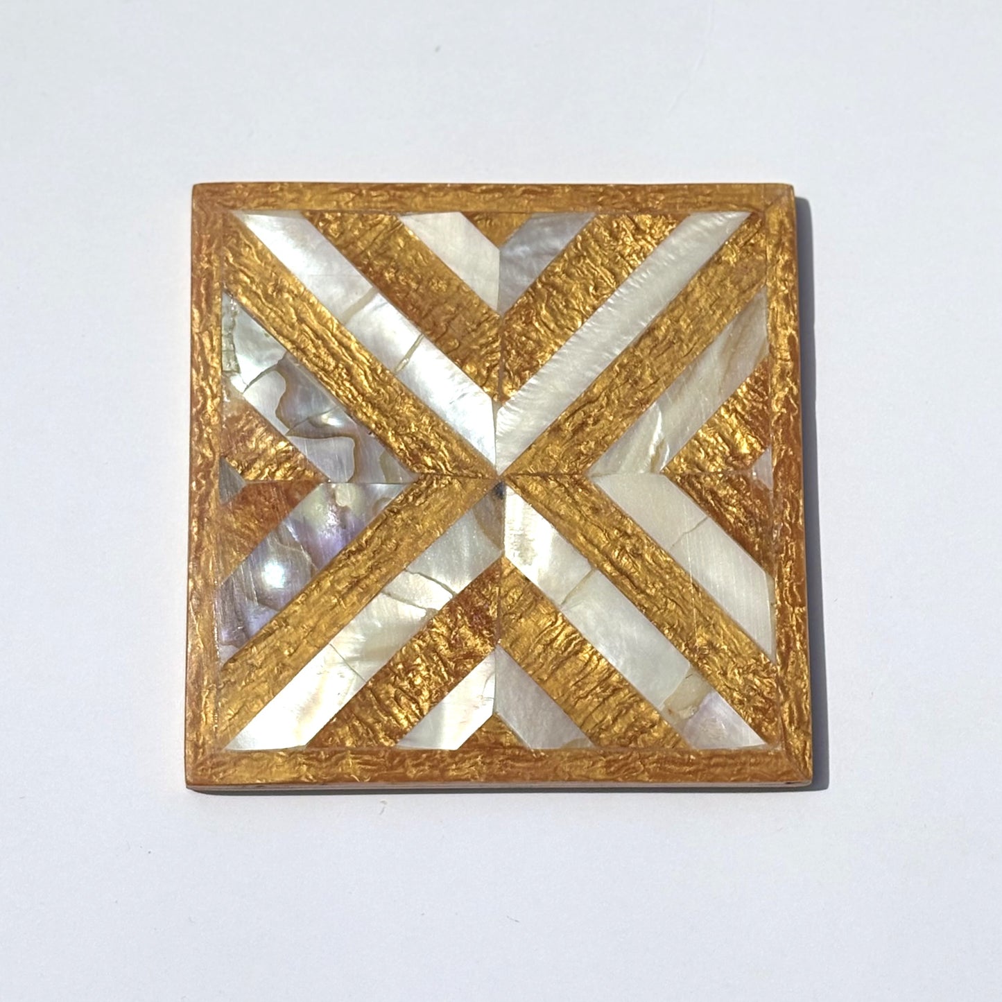 Set of four square wood coasters inlaid with mother of pearl in a geometric pattern, fair trade handmade, arabesque marquetry