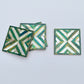 Set of four square wood coasters inlaid with mother of pearl in a geometric pattern, fair trade handmade, arabesque marquetry