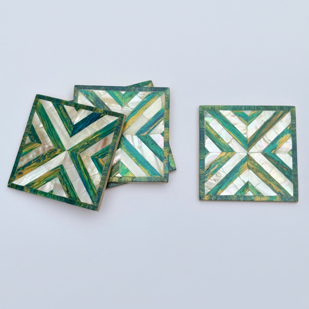 Set of four square wood coasters inlaid with mother of pearl in a geometric pattern, fair trade handmade, arabesque marquetry