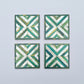 Set of four square wood coasters inlaid with mother of pearl in a geometric pattern, fair trade handmade, arabesque marquetry