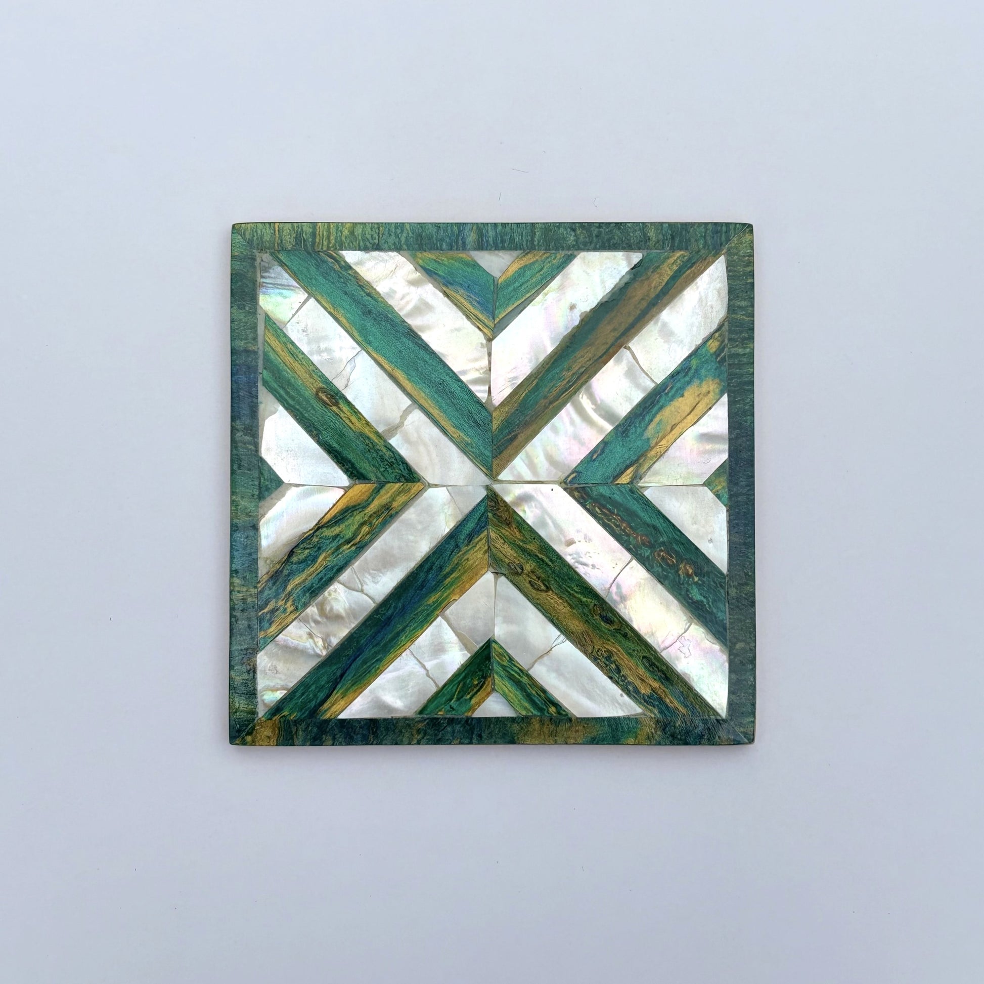 Set of four square wood coasters inlaid with mother of pearl in a geometric pattern, fair trade handmade, arabesque marquetry