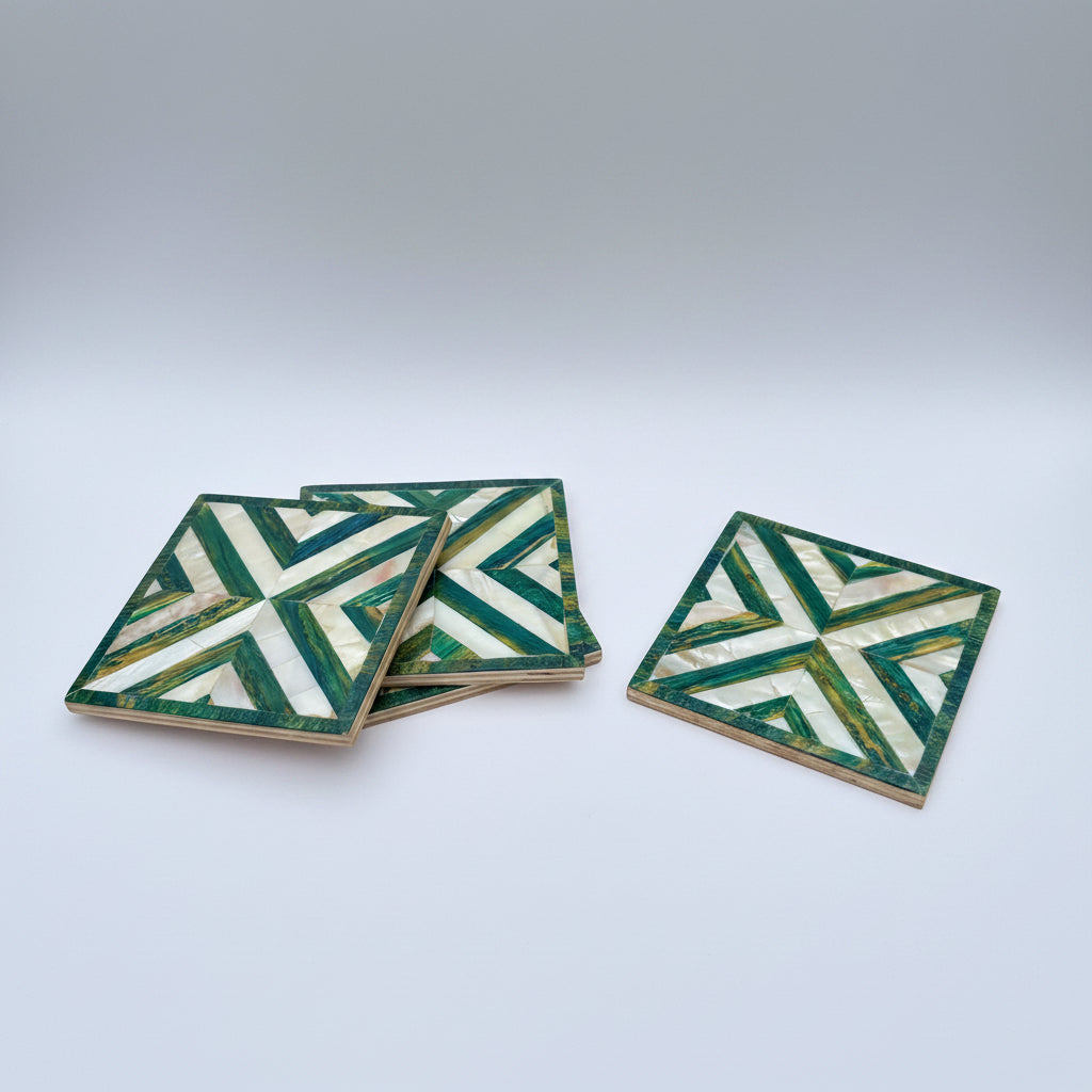 Set of four square wood coasters inlaid with mother of pearl in a geometric pattern, fair trade handmade, arabesque marquetry
