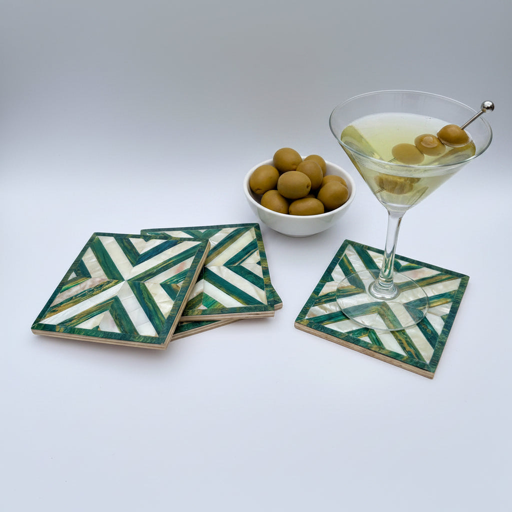 Set of four square wood coasters inlaid with mother of pearl in a geometric pattern, fair trade handmade, arabesque marquetry