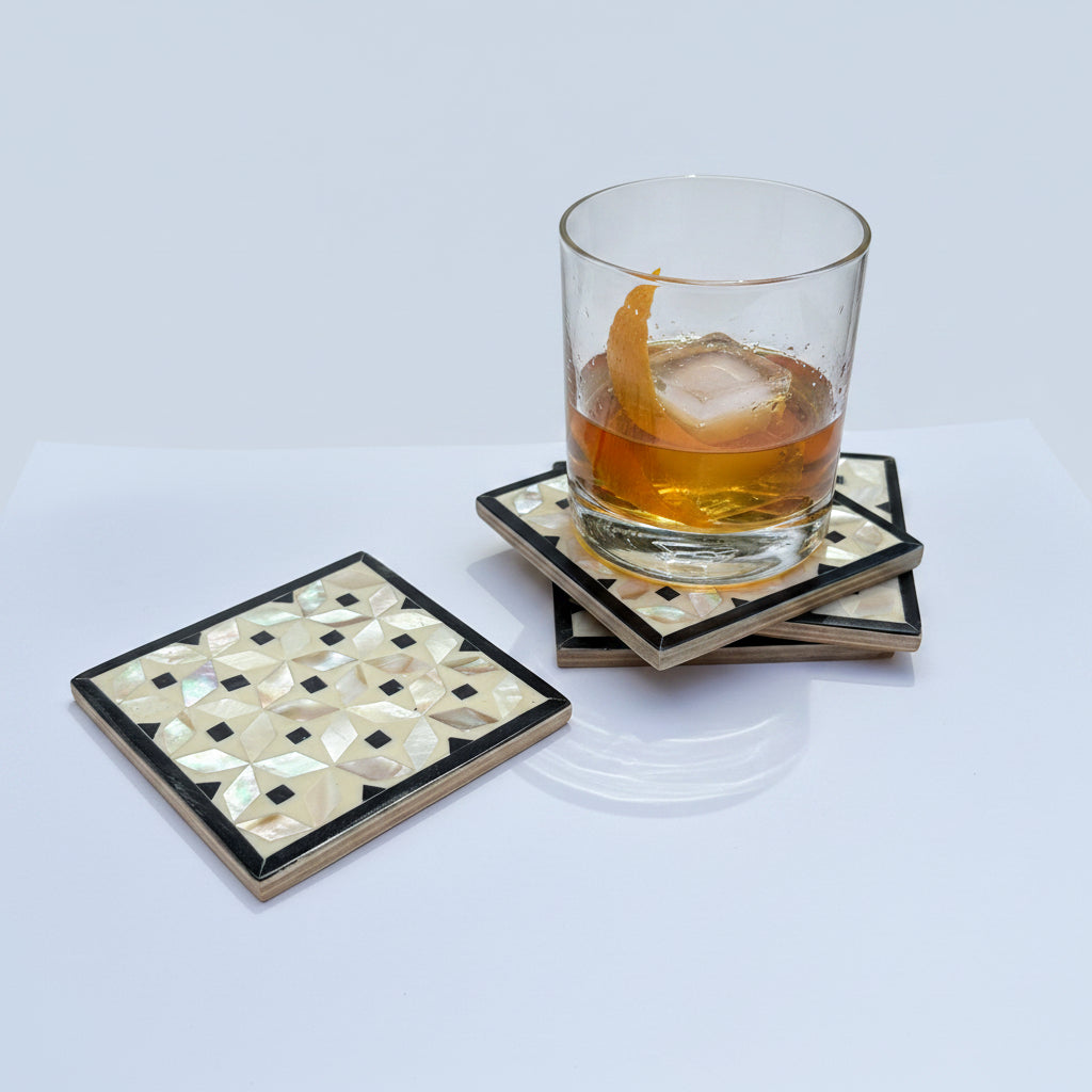 Set of four square wood coasters inlaid with mother of pearl in a geometric pattern, fair trade handmade, arabesque marquetry