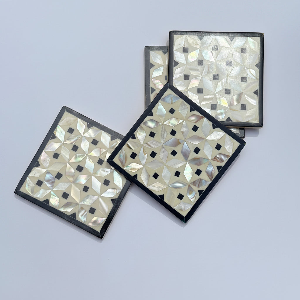 Set of four square wood coasters inlaid with mother of pearl in a geometric pattern, fair trade handmade, arabesque marquetry