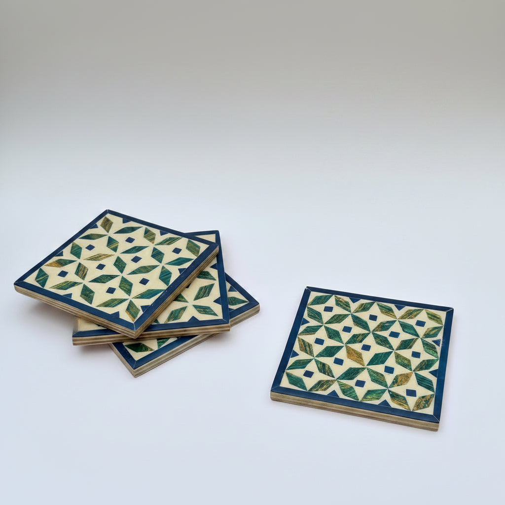 Set of four geometric patterned arabesque wood coasters inlaid with mother of pearl, marquetry, fair trade