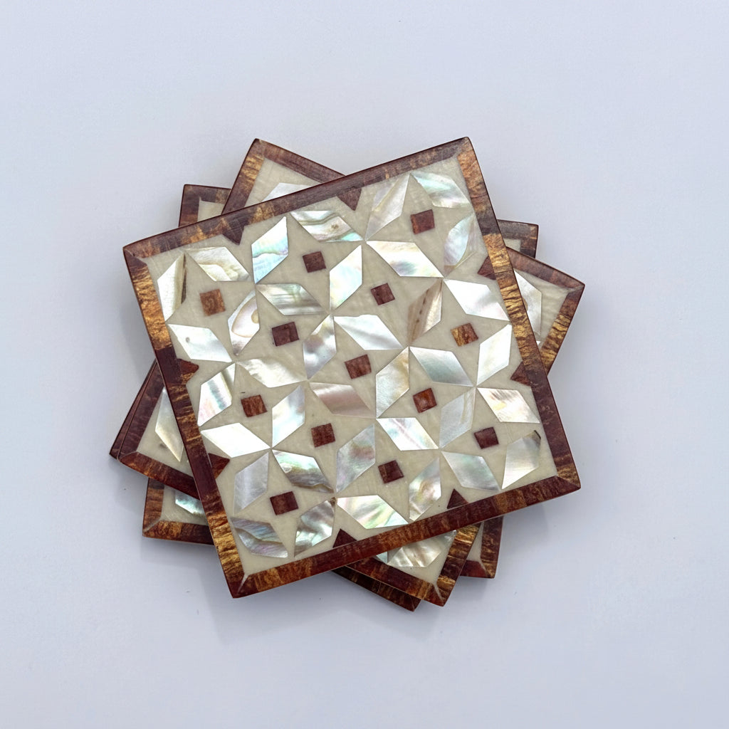 Set of four geometric patterned arabesque wood coasters inlaid with mother of pearl, marquetry, fair trade