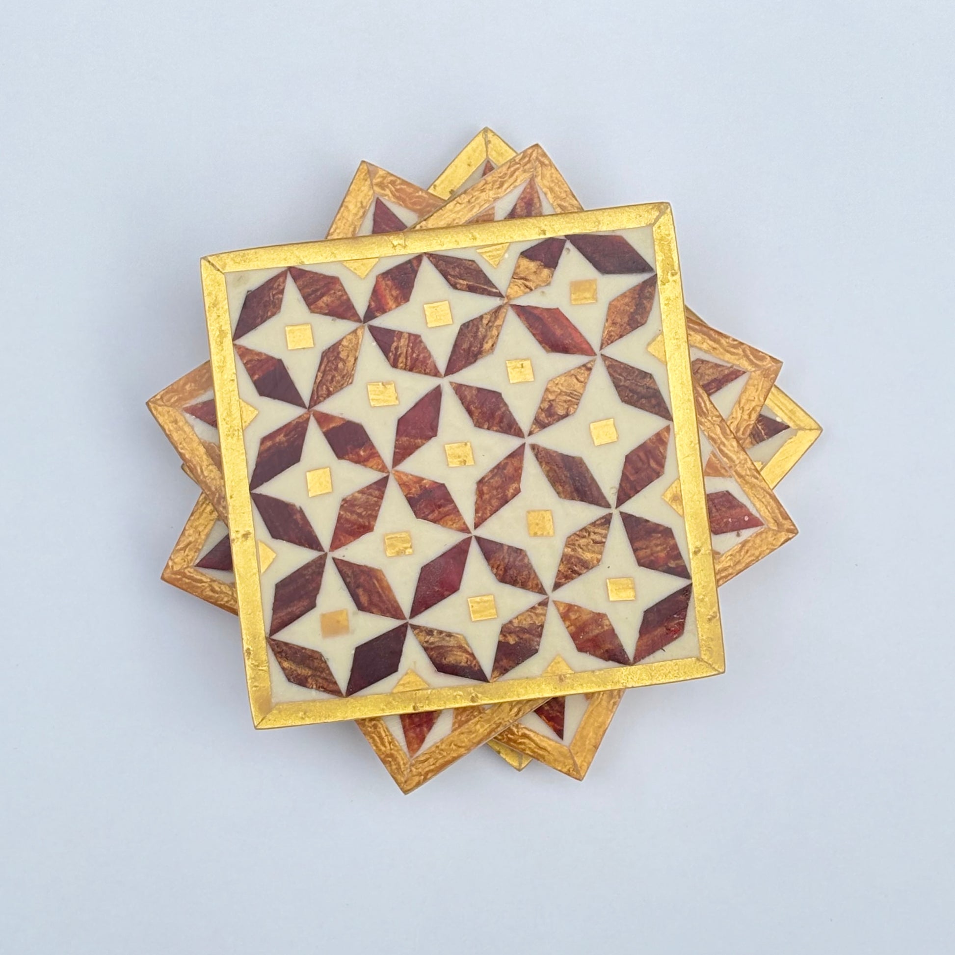 Set of four square wood coasters inlaid with mother of pearl in a geometric pattern, fair trade handmade, arabesque marquetry