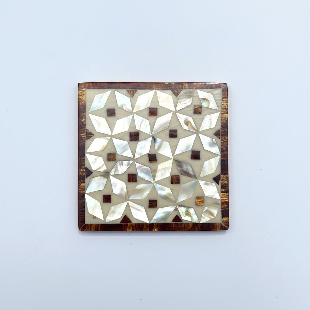 Set of four geometric patterned arabesque wood coasters inlaid with mother of pearl, marquetry, fair trade