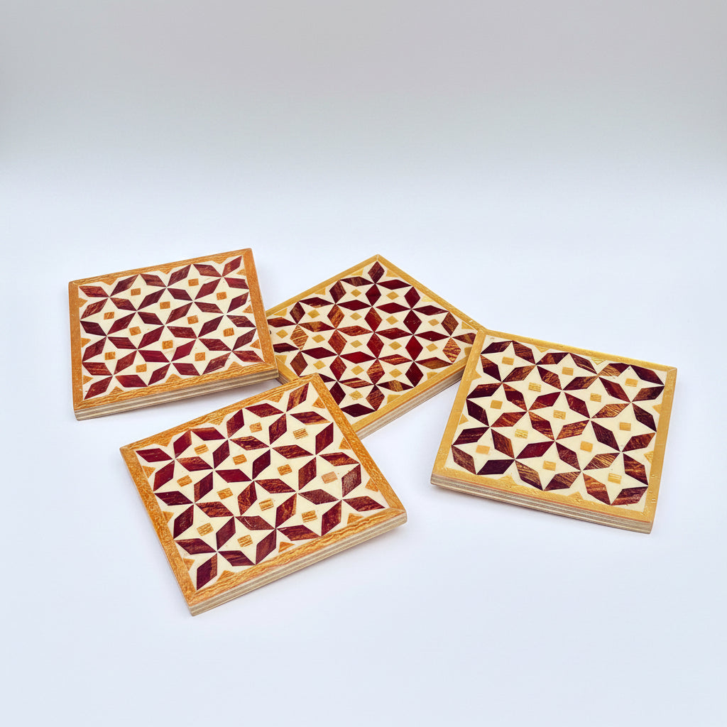 Set of four square wood coasters inlaid with mother of pearl in a geometric pattern, fair trade handmade, arabesque marquetry