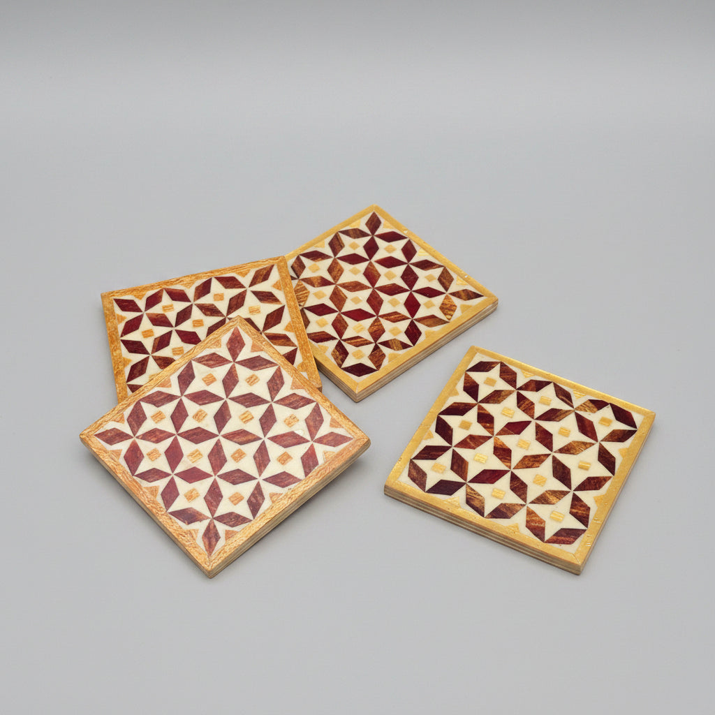 Set of four square wood coasters inlaid with mother of pearl in a geometric pattern, fair trade handmade, arabesque marquetry