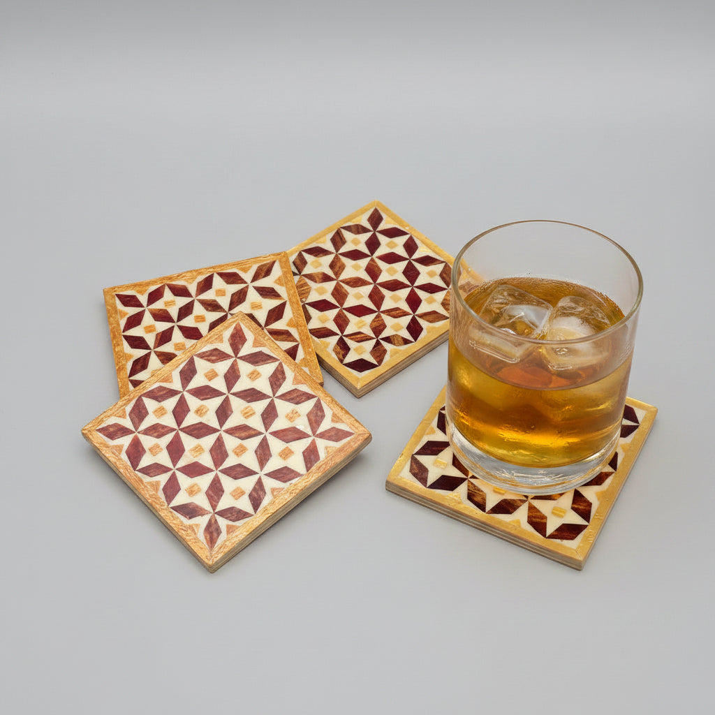 Set of four square wood coasters inlaid with mother of pearl in a geometric pattern, fair trade handmade, arabesque marquetry