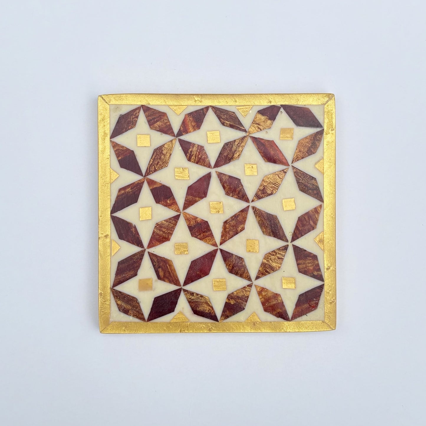Set of four square wood coasters inlaid with mother of pearl in a geometric pattern, fair trade handmade, arabesque marquetry