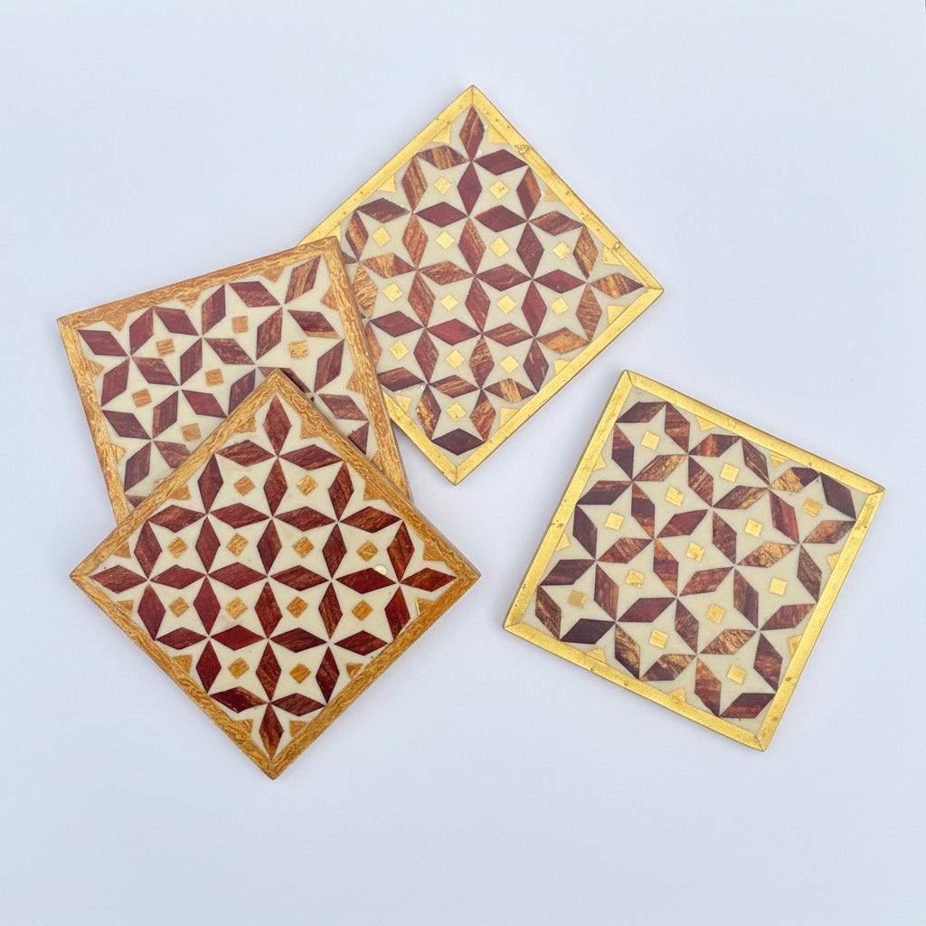 Set of four square wood coasters inlaid with mother of pearl in a geometric pattern, fair trade handmade, arabesque marquetry