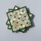 Set of four square wood coasters inlaid with mother of pearl in a geometric pattern, fair trade handmade, arabesque marquetry