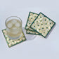 Set of four square wood coasters inlaid with mother of pearl in a geometric pattern, fair trade handmade, arabesque marquetry