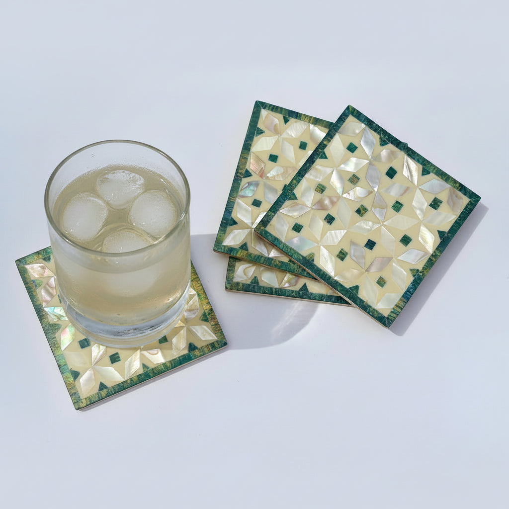 Set of four square wood coasters inlaid with mother of pearl in a geometric pattern, fair trade handmade, arabesque marquetry