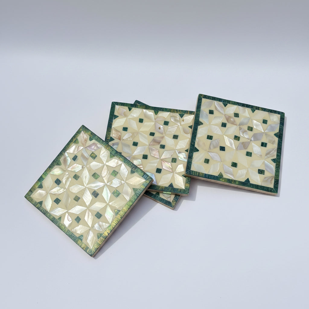 Set of four square wood coasters inlaid with mother of pearl in a geometric pattern, fair trade handmade, arabesque marquetry