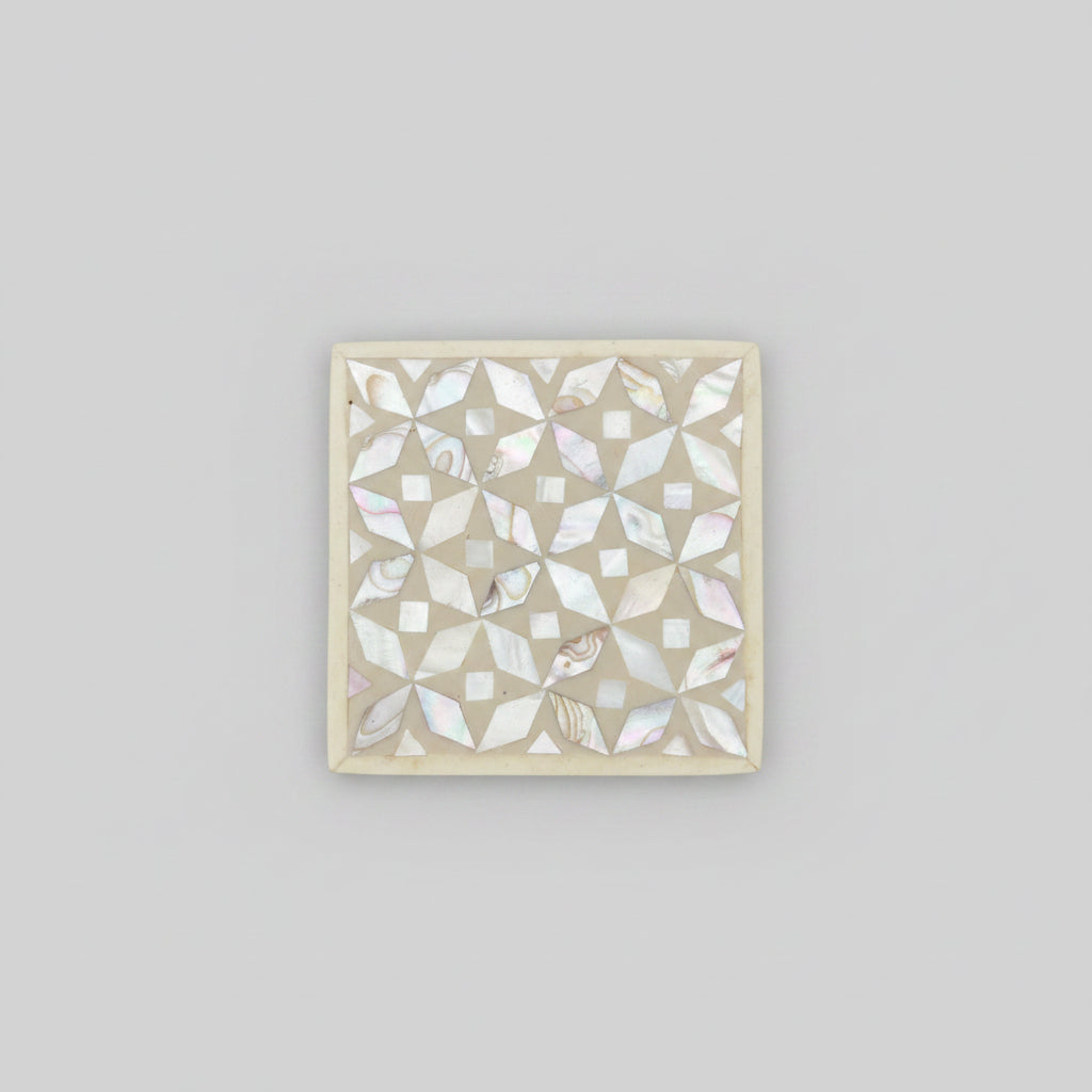 Set of four geometric patterned arabesque wood coasters inlaid with mother of pearl, marquetry, fair trade