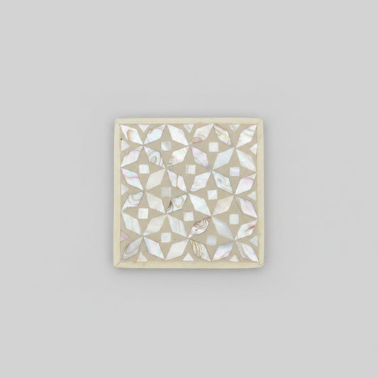Set of four geometric patterned arabesque wood coasters inlaid with mother of pearl, marquetry, fair trade