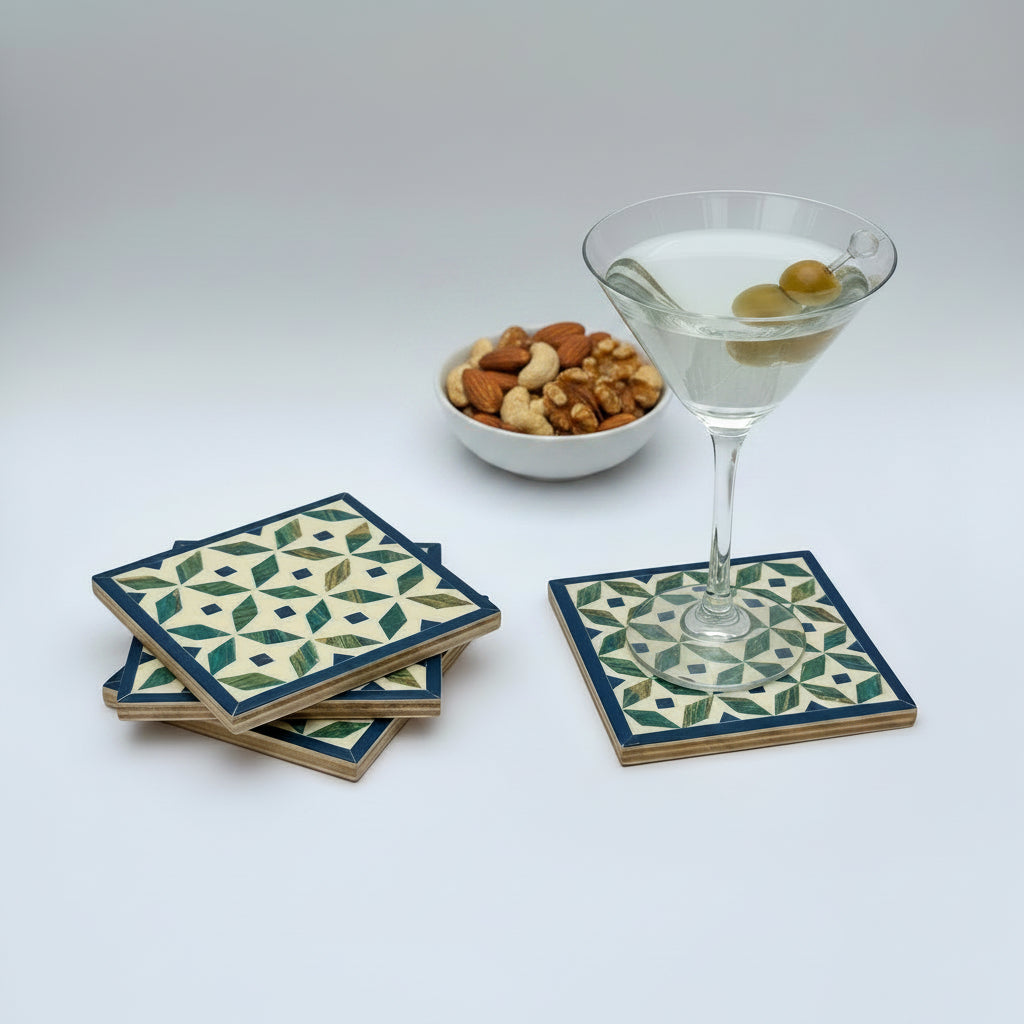 Set of four geometric patterned arabesque wood coasters inlaid with mother of pearl, marquetry, fair trade