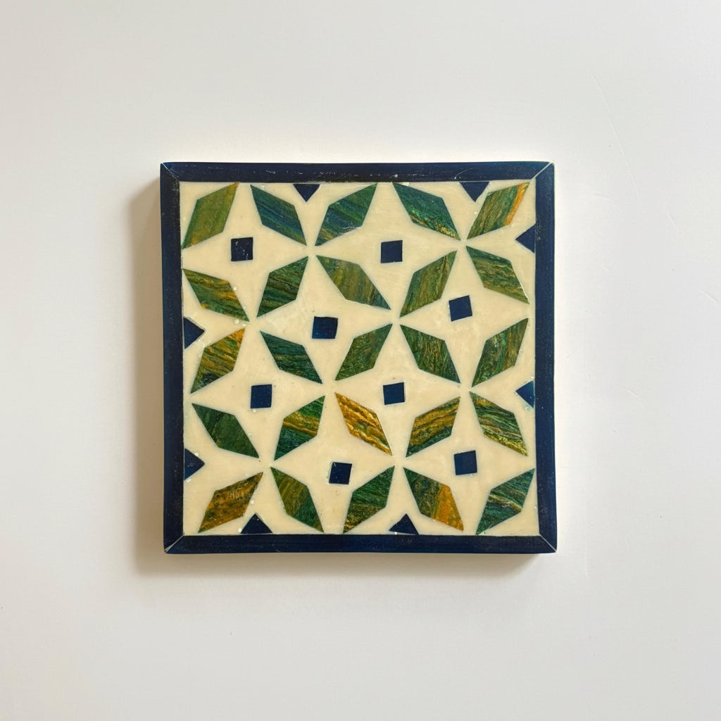 Set of four geometric patterned arabesque wood coasters inlaid with mother of pearl, marquetry, fair trade