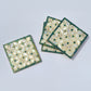 Set of four square wood coasters inlaid with mother of pearl in a geometric pattern, fair trade handmade, arabesque marquetry