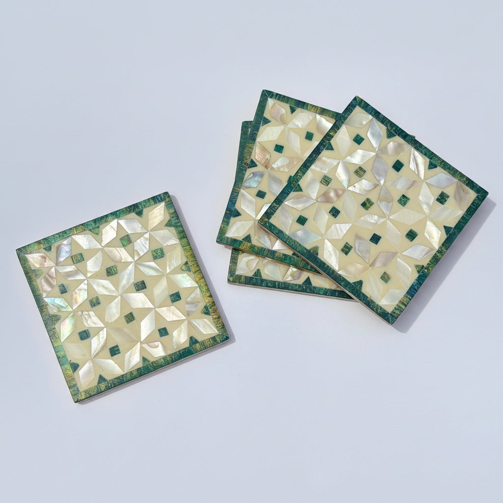Set of four square wood coasters inlaid with mother of pearl in a geometric pattern, fair trade handmade, arabesque marquetry