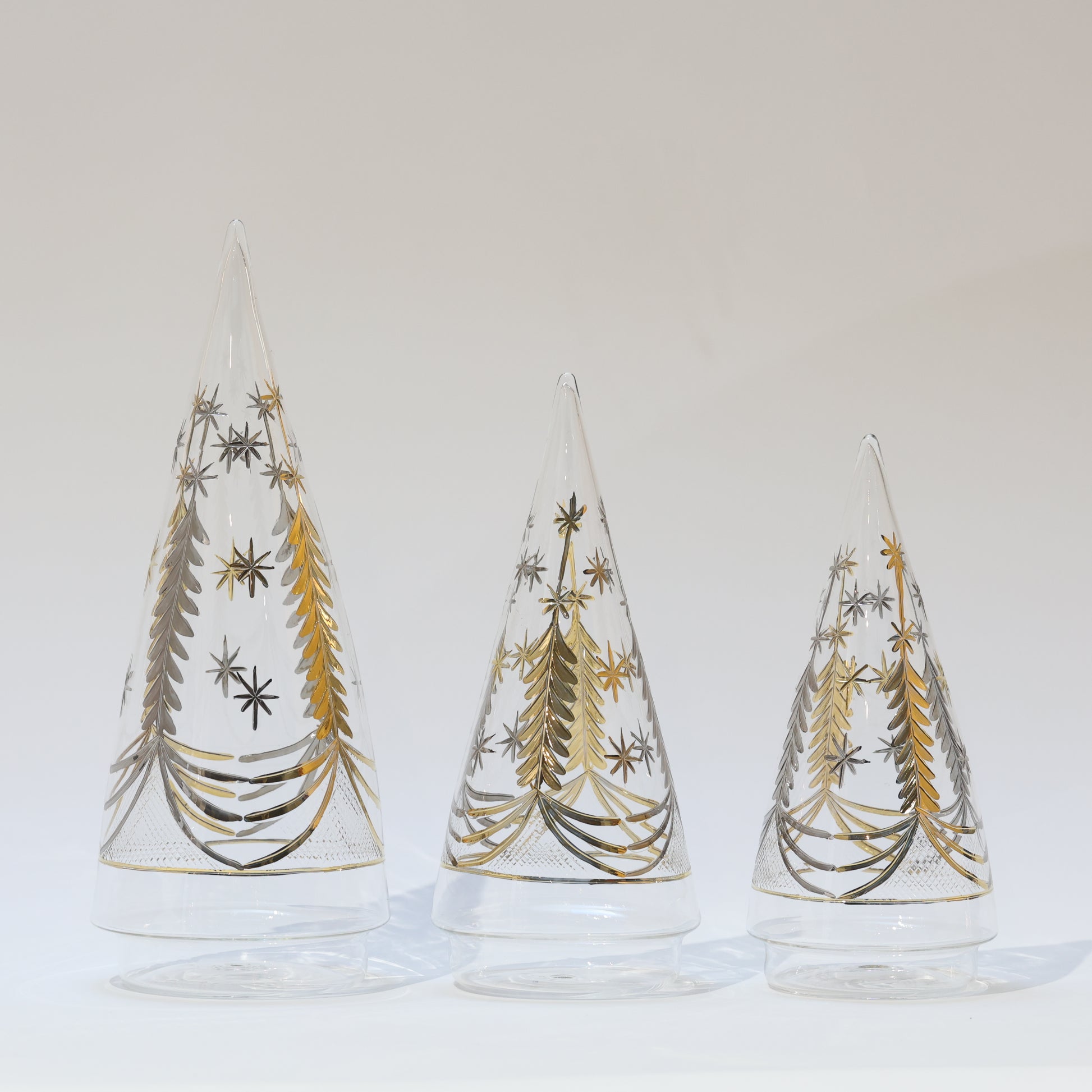 Blown Glass Tabletop Christmas Tree - Cone Engraved Silver & Gold