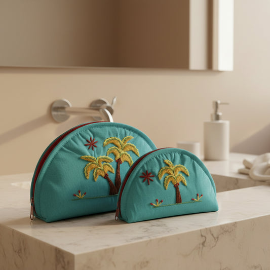 Amar Handcrafted Turquoise Fabric Cosmetic Bags with Hand-embroidered Palm Trees, Half Moon
