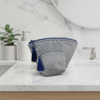Gray patterned pouch with blue tassels, Toha Handcrafted Cosmetic Bags
