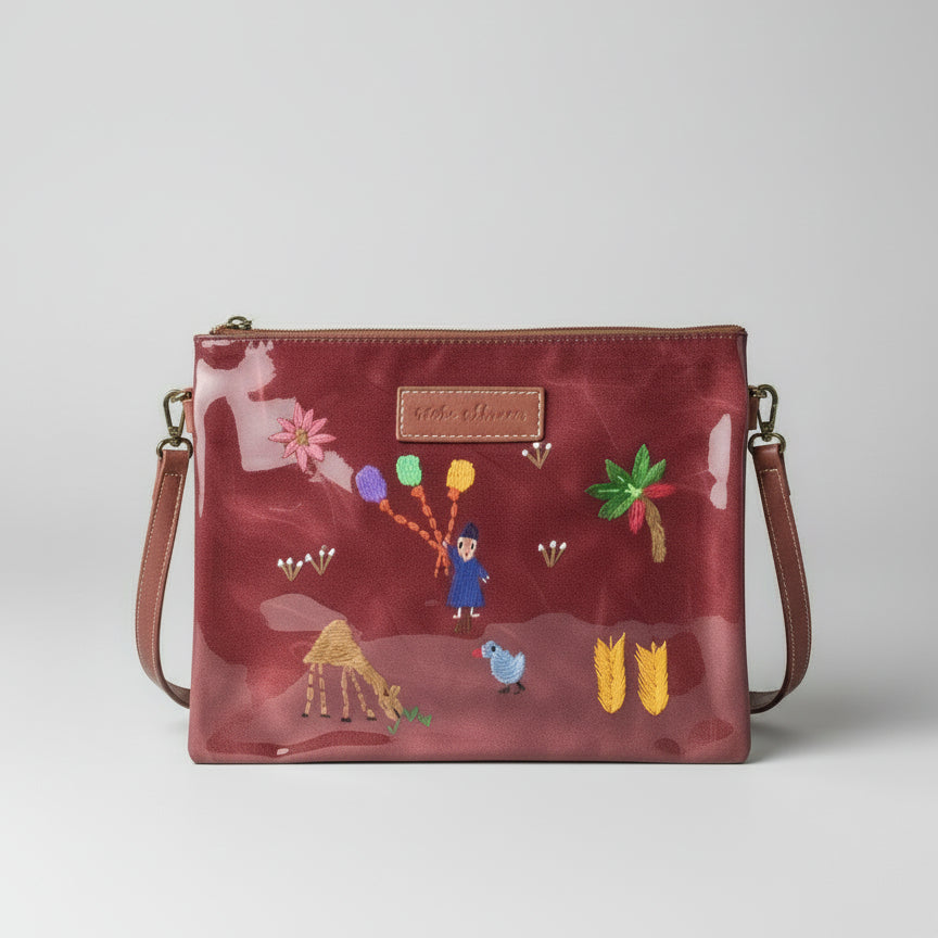Brick brown handbag with floral and animal hand embroidery on satin, fair trade, sustainable fashion