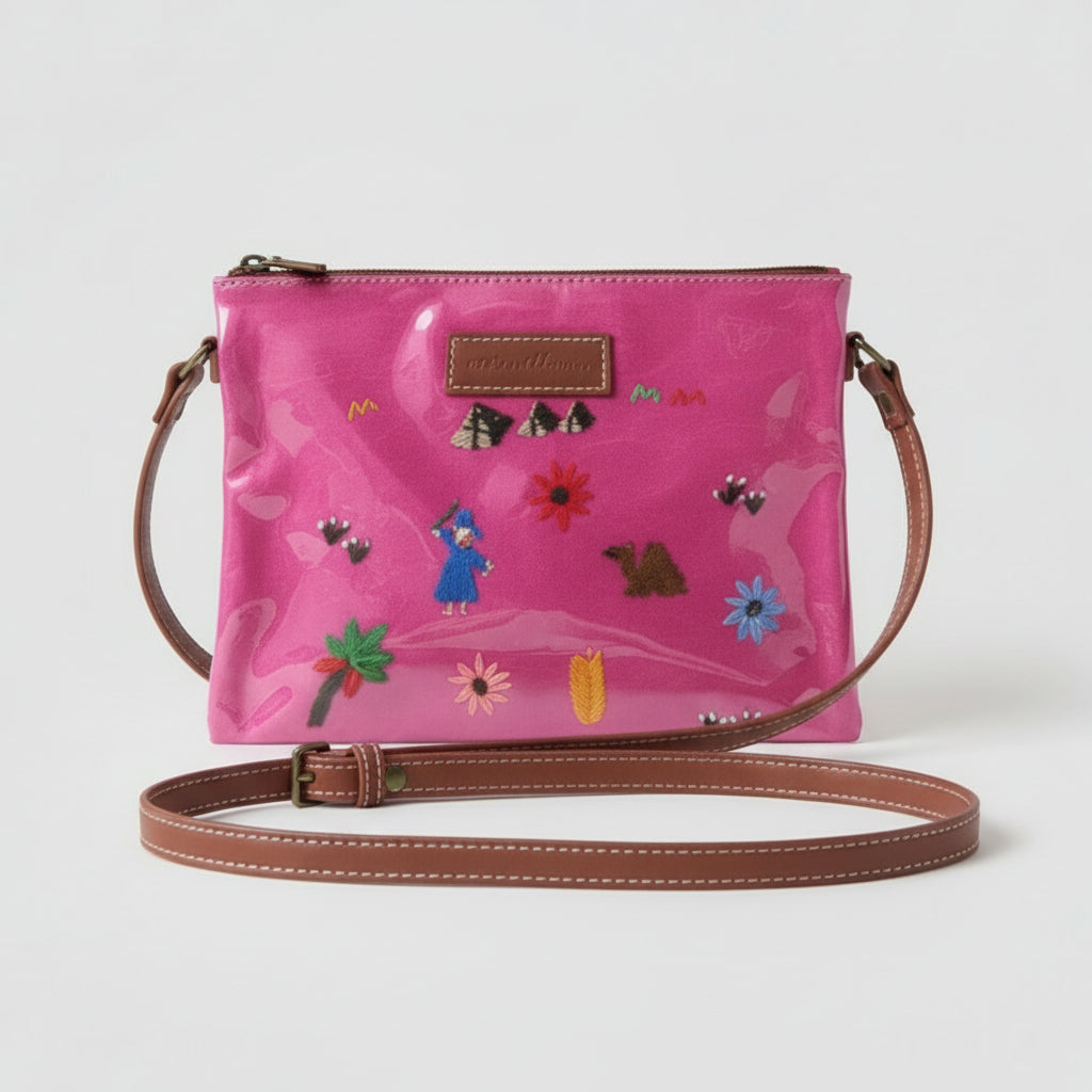 Fuchsia handbag with floral and animal hand embroidery on satin, fair trade, sustainable fashion