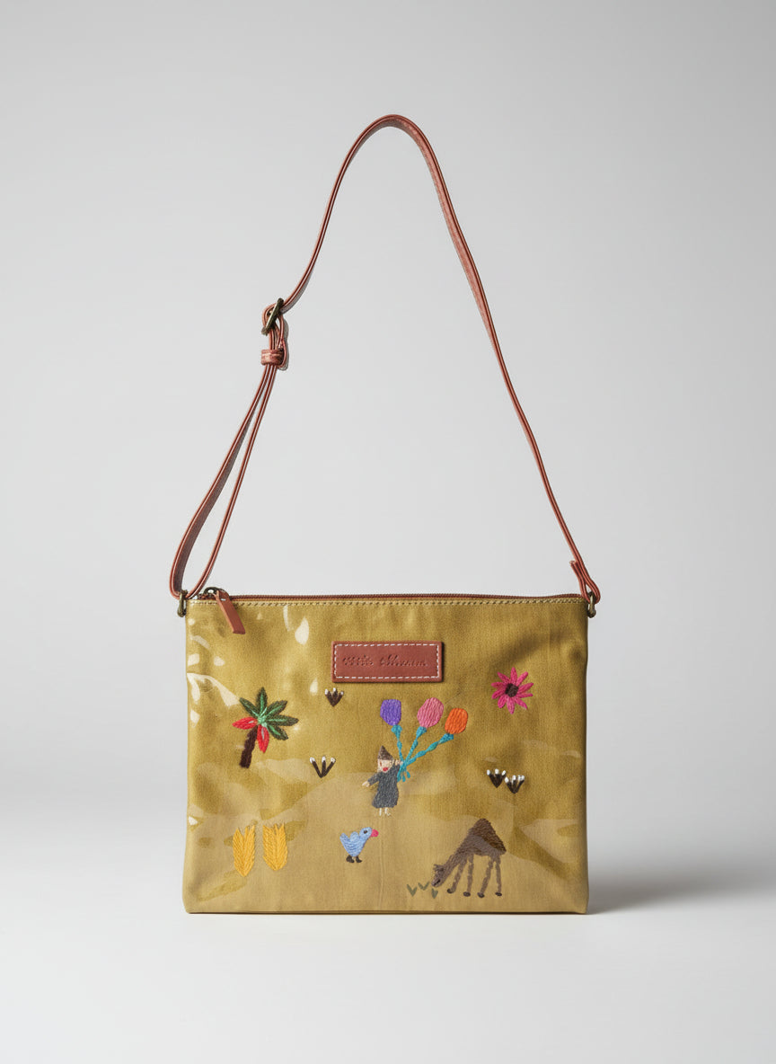 Mustard handbag with floral and animal hand embroidery on satin, fair trade, sustainable fashion