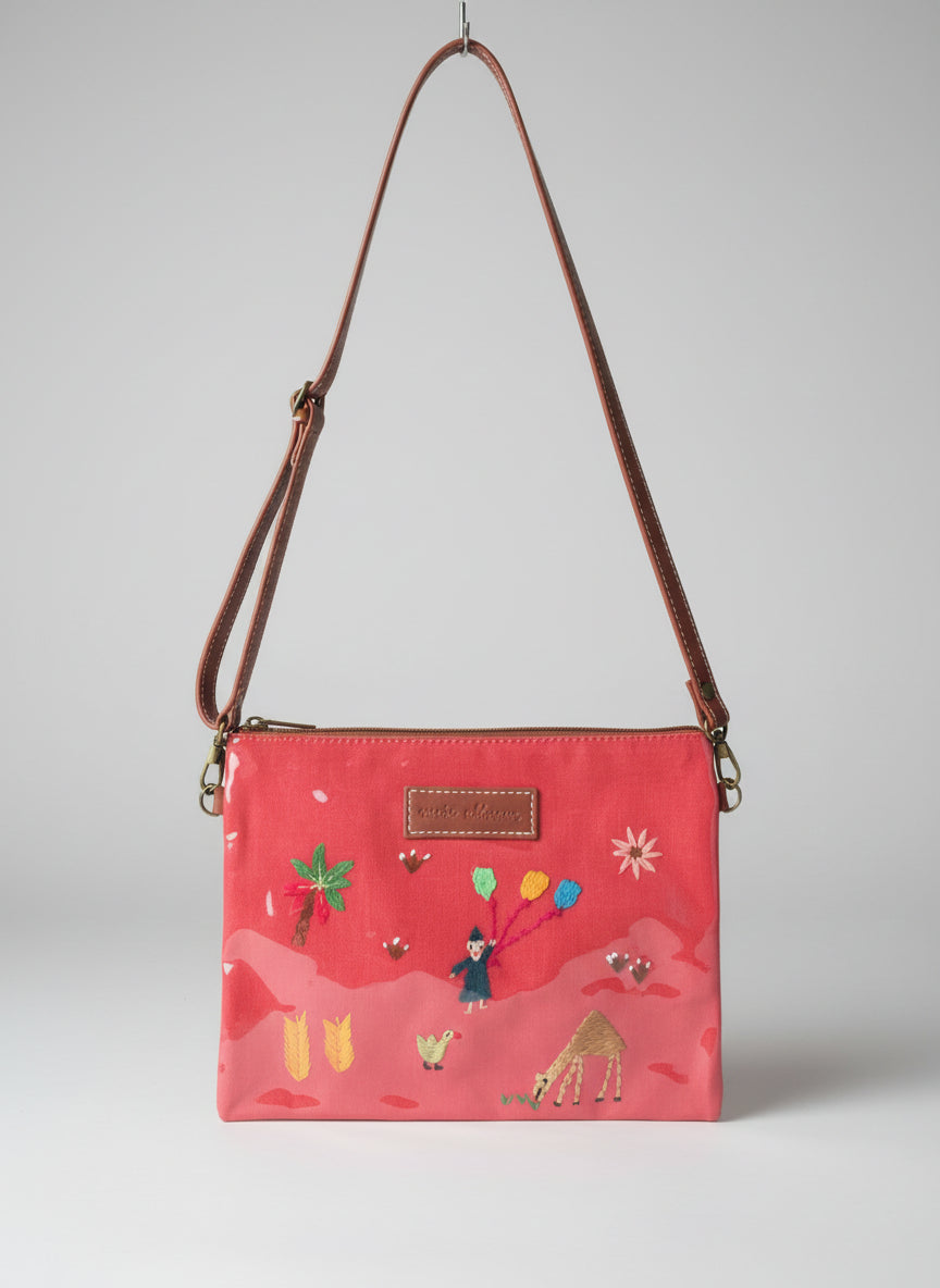 Red handbag with floral and animal hand embroidery on satin, fair trade, sustainable fashion