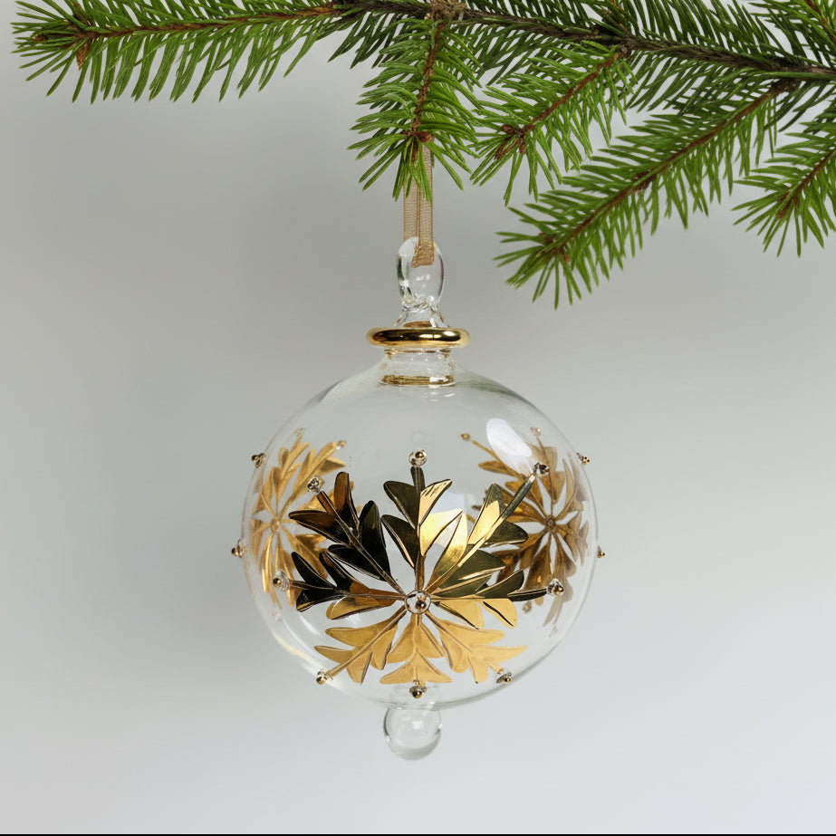 Dandarah handblown glass bauble ornament with gold snow flake design, fair trade, ethically handmade