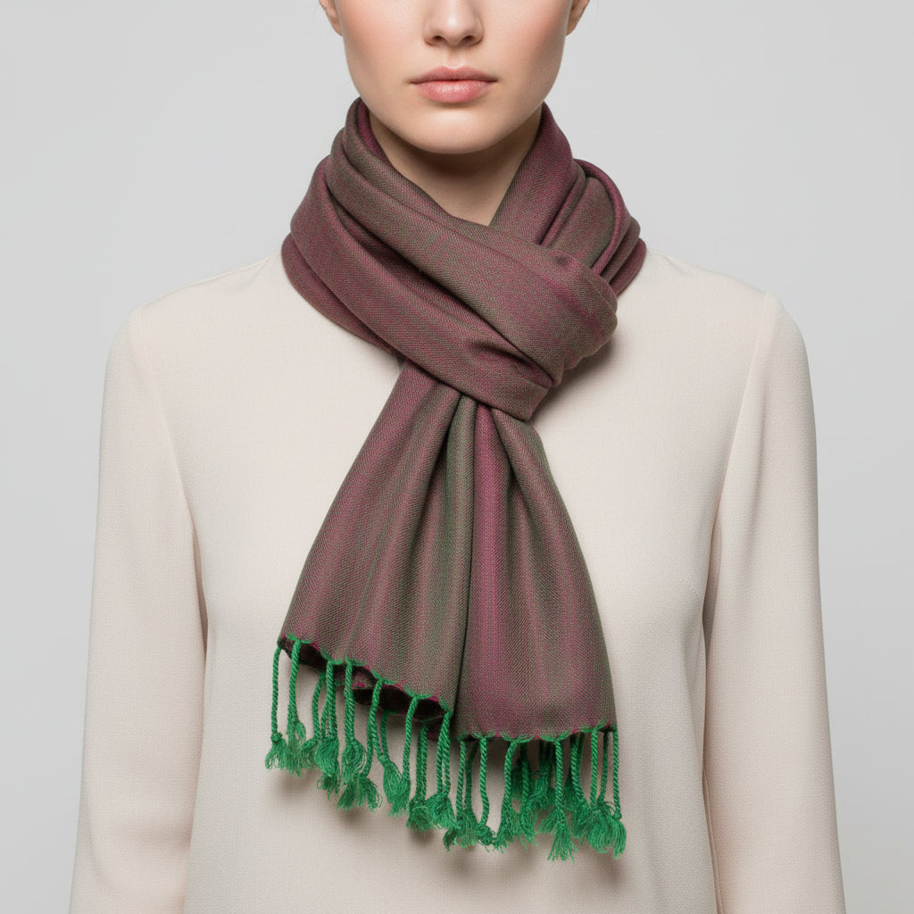 Dandarah Fair Trade Solid Handwoven Bamboo Viscose Scarf, Green and Fuchsia, Ethically Handmade