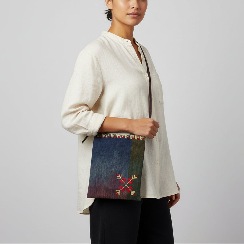 Fair Trade Edith Handcrafted Crossbody - Moiré with Arish traditional stitching, Hand-embroidery, Ethically Handmade, Sustainable Fashion, tatreez, cultural heritage