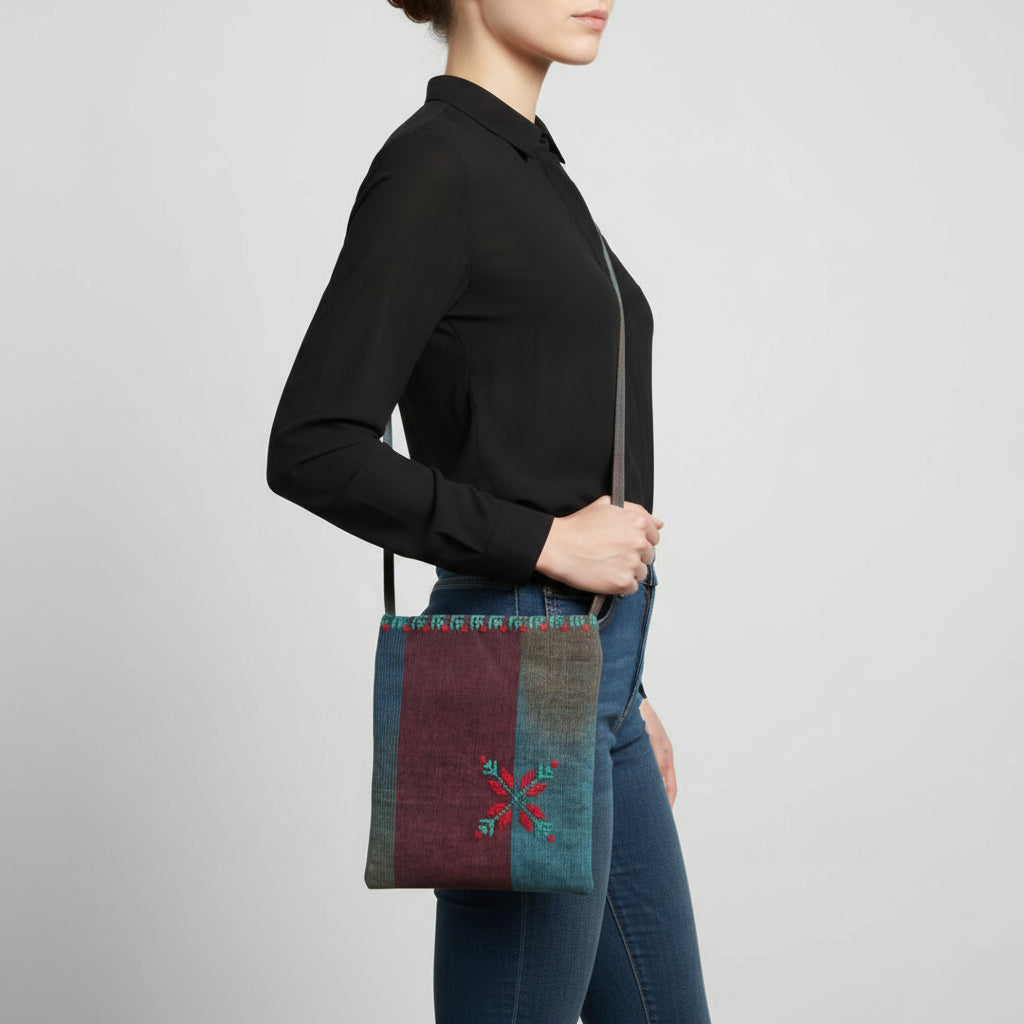 Fair Trade Edith Handcrafted Crossbody - Moiré with Arish traditional stitching, Hand-embroidery, Ethically Handmade, Sustainable Fashion, tatreez, cultural heritage