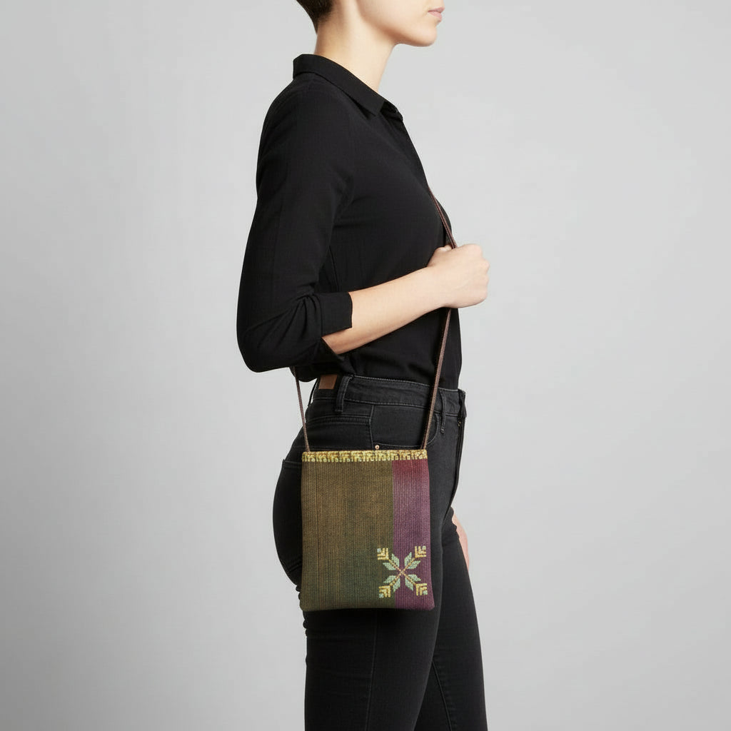 Fair Trade Edith Handcrafted Crossbody - Moiré with Arish traditional stitching, Hand-embroidery, Ethically Handmade, Sustainable Fashion, tatreez, cultural heritage