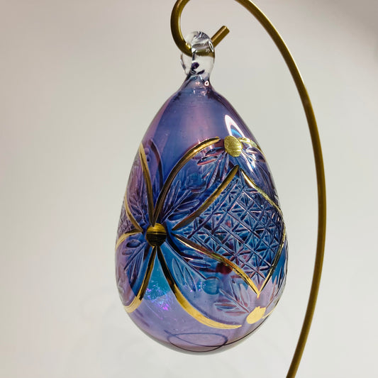 Blown Glass Egg Ornament -  Engraved Flowers in Purple