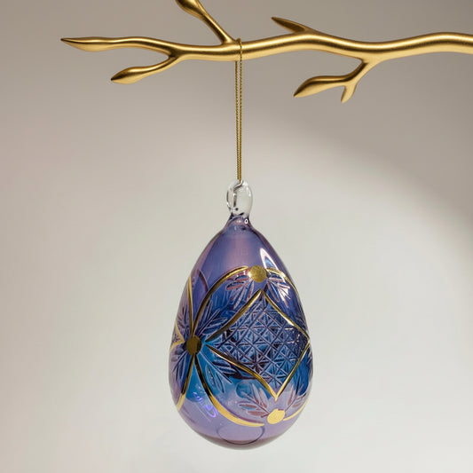 Fair Trade Blown Glass Egg Ornament -  Engraved Flowers in Purple, Ethically Handmade