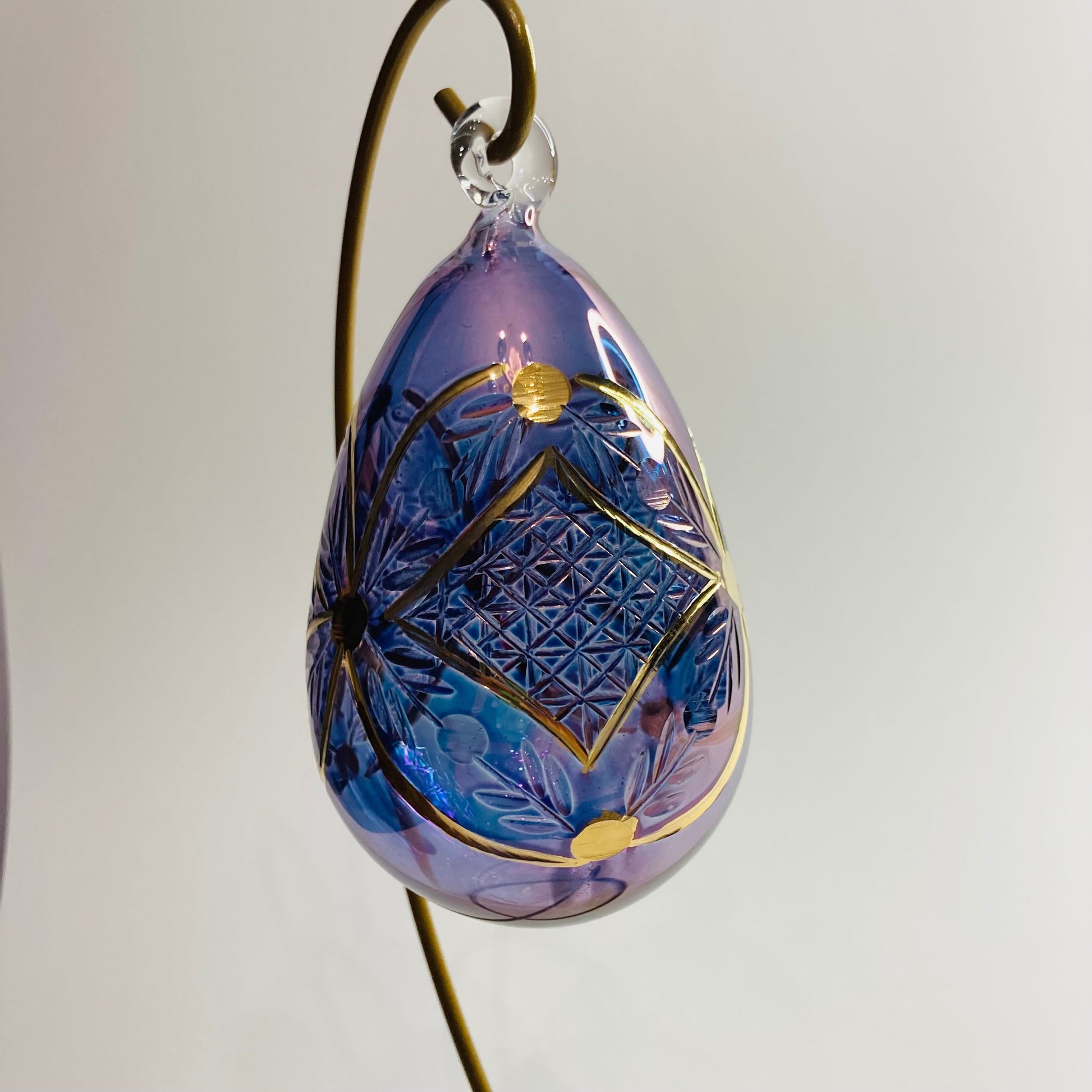 Blown Glass Egg Ornament -  Engraved Flowers in Purple