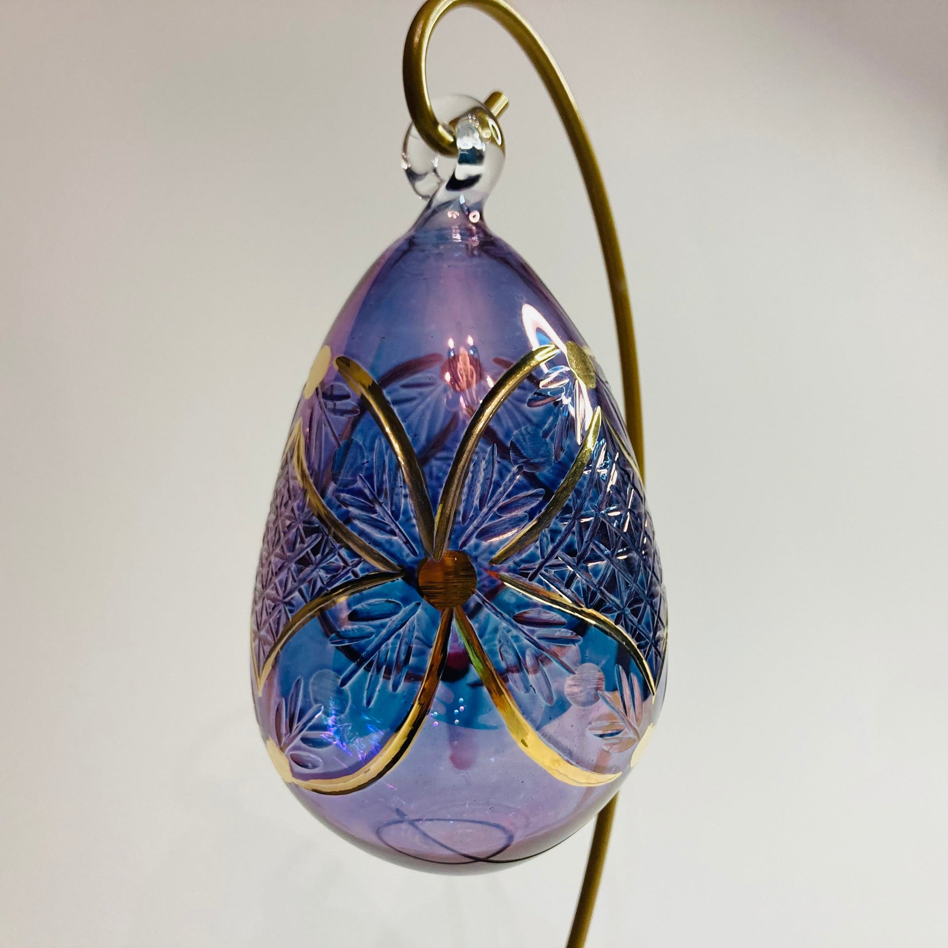 Blown Glass Egg Ornament -  Engraved Flowers in Purple