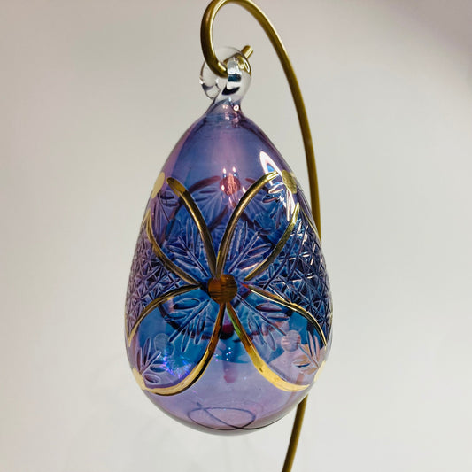 Blown Glass Egg Ornament -  Engraved Flowers in Purple