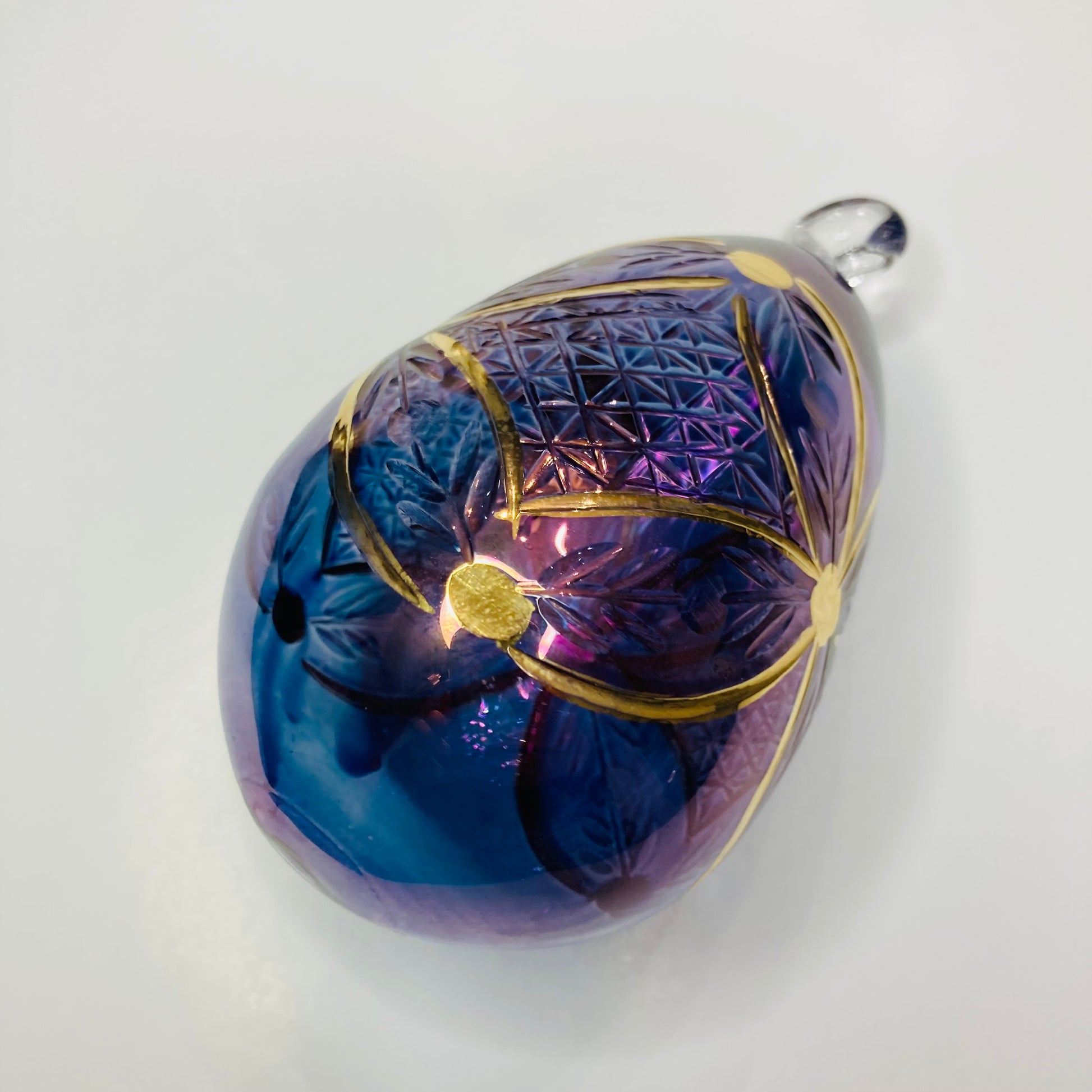 Blown Glass Egg Ornament -  Engraved Flowers in Purple